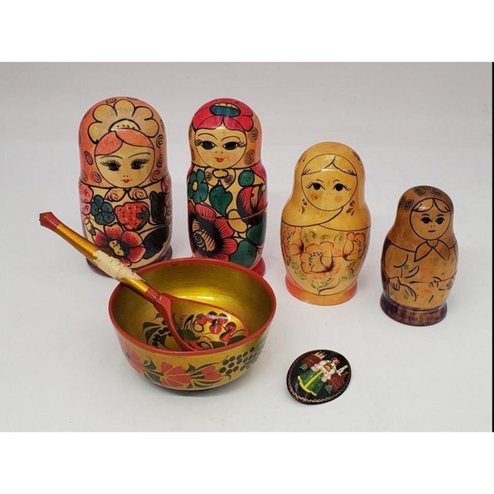 Vintage USSR Russian Matryoshka Nesting Dolls Set + Khokhloma Bowl & Pin
